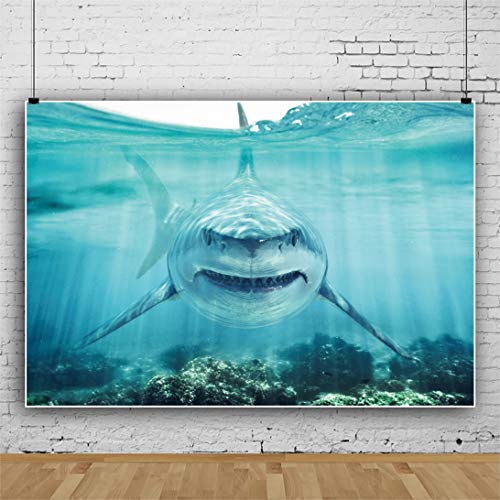 Haoyiyi 8x6ft Underwater Shark Backdrop Deep Under Sea Seabed World Great White Shark Aquarium Photography Background Baby Boy Birthday Celebration Theme Party Kid Diver Portrait Photo Studio Props