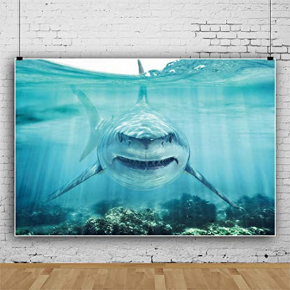 Haoyiyi 8x6ft Underwater Shark Backdrop Deep Under Sea Seabed World Great White Shark Aquarium Photography Background Baby Boy Birthday Celebration Theme Party Kid Diver Portrait Photo Studio Props