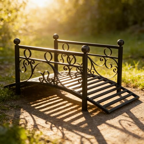 3.3ft Garden Bridge Metal Yard Arch Path Bridges with Patterned Guardrails, Outdoor Decorative Iron Foot Bridge for Pond and Backyard Landscaping Fish Pond, Stream, Black, 400lbs - color: Black-Metal, size: 3.3 ft
