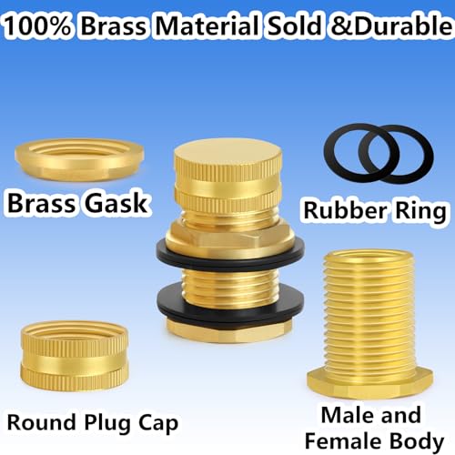 Brass Male Garden Hose Bulkhead Fitting With Plug, 1/2" Female NPT, 3/4" Male GHT (garden Hose Thread), Brass Tank Connector/drain/flush Port Kit For Rain Barrels, Aquariums, Sinks，1 Pack