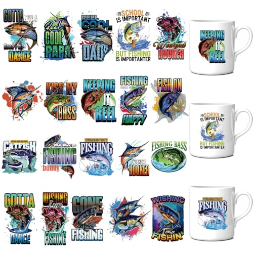 UV DTF Mug Wraps - 20 Sheets Fishing Quotes Uvdtf Tumbler Wrap for 16 oz Glass Water Bottle Fisherman Waterproof Rub On Transfer Decals for DIY Crafts Laptop - color: Fishing