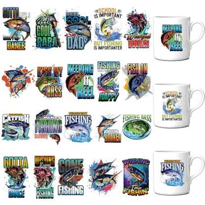 UV DTF Mug Wraps - 20 Sheets Fishing Quotes Uvdtf Tumbler Wrap for 16 oz Glass Water Bottle Fisherman Waterproof Rub On Transfer Decals for DIY Crafts Laptop - color: Fishing