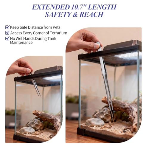2PCS Reptile Feeding Tongs,10.6" Extra Long Stainless Steel Tweezers with Rubber Tips, Bearded Dragon Lizards Aquarium Straight and Curved Long Tweezers for Snake Feeding, Terrarium, Aquarium(Silver)