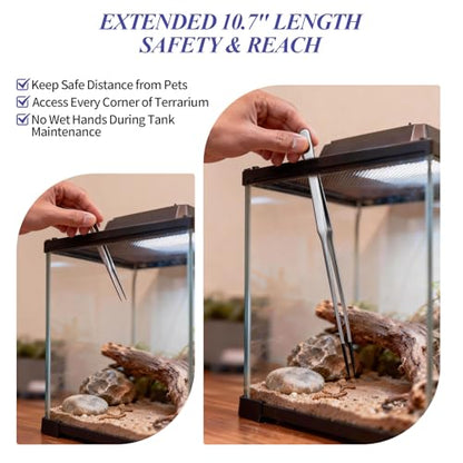 2PCS Reptile Feeding Tongs,10.6" Extra Long Stainless Steel Tweezers with Rubber Tips, Bearded Dragon Lizards Aquarium Straight and Curved Long Tweezers for Snake Feeding, Terrarium, Aquarium(Silver)