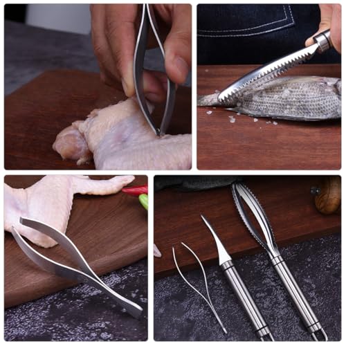 SOLUSTRE Fish Scale Remover and Fishbone Tweezer Set, Stainless Steel Seafood Scraper with Shrimp Deveiner, Kitchen Tool Kit for Cooking and Cleaning, 3pcs White Box Set