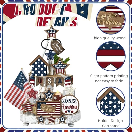 18 Pcs 4th of July Tiered Tray Decor Set - Patriotic Wooden Signs with Rustic Farmhouse Stars, Red White Blue Centerpieces for Independence Day Table & Mantel Decor(No Tray) - size: 7.1"