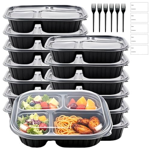 50 Pack Food Containers with Lids and with Forks, 37oz/1100ml Microwave Safe 4 Compartment Meal Prep Containers, Black Plastic Food Bento Boxes for Take Out, Restaurant