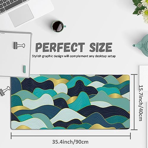 Large Mouse Pad Gold Line Wave Extended Gaming Mouse Pad Desk Mat Stitched Edges Mousepad Non-Slip Rubber Base Keyboard Pad for Laptop Computer PC 35.4 x 15.7 inches - color: Gold Line Wave
