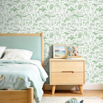 Livelynine Green Coastal Wallpaper Peel and Stick Removable Sage Green Tropical Fish Wallpaper Self Adhesive Ocean Beachy Coastal Contact Paper for Drawers Nautical Octopus Jellyfish Crab 17.5x78.8