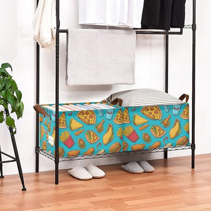 Ollabaky Collapsible Rectangular Closet Storage Bin Burger Fried Chicken Hot Dog Pizza Taco French Fries Shelf Basket Box with Leather Handles - Storage Cube, Nursery Storage, Laundry Hamper