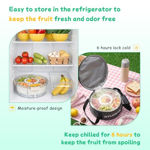 Divided Serving Tray with Lid and Handle, Rounded Snackle Box with 6 Compartments and Chill Base for Fruits, Candy, Veggie, Travel Snack Container with Portable Insulated Bag & Ice Cube Tray & 5 Forks - size: Snackle Box-6