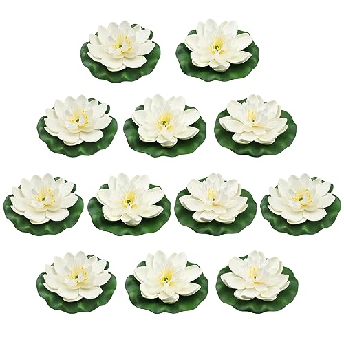 12pcs Floating Foam Lotus Flowers with Lily Pads, Artificial Pond Plants Ornaments for Pool Aquarium Water Decoration, White - color: White