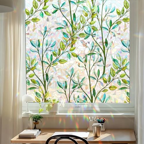 Stained Glass Window Film Decorative for Glass, Bathroom Window Privacy Film Static Cling, Rainbow Window Cling UV Blocking Non-Adhesive for Home Office Door (Green, 17.5" x 78.7") - color: Green, size: 17.5" x 78.7"
