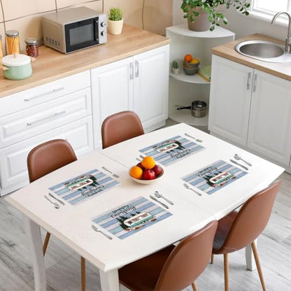 Feelyou Camper Placemats Set of 4 Happy Camping Table Mats Cartoon Camping Car Place Mat for Kitchen Dining Table Party Decor Indoor Outdoor 18"x12" Non-Slip Easy to Clean RV Camping