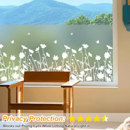 Bloss Window Privacy Film Pure White Flowers Pattern Glass Window Film,Sun Blocking Window Film,Day and Night Privacy Heat Blocking Non-Adhesive Window Tint for Home Office 23.6 x 118inches - color: Flower, size: 23.6" X 118"