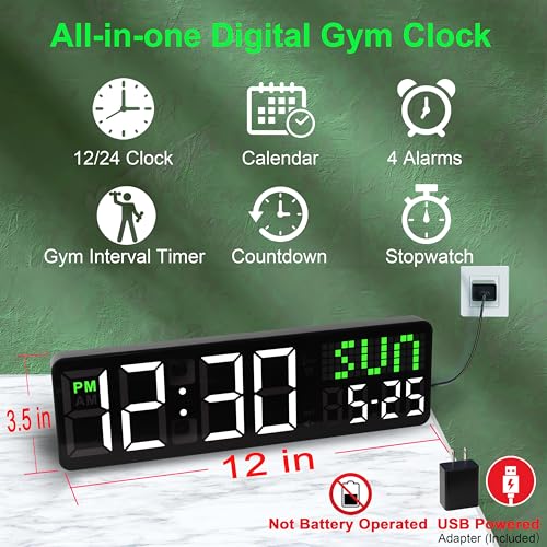 LUCORB Gym Clock with Seconds, 12" Digital Wall Clock for Home Gym - Remote Control Workout Clock with HIIT Countdown, Voice Prompt 5 Display Modes 4 Training Alarms for Garage Classroom Office