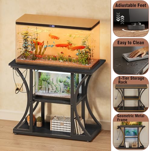 50 Gallon Aquarium Stand with Power Outlets Fish Tank Stand with 3-Tier Storage Shelves Display Stand for Turtle Tank Shelves Metal Frame Stand for Living Room Office Entryway(Black)