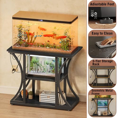50 Gallon Aquarium Stand with Power Outlets Fish Tank Stand with 3-Tier Storage Shelves Display Stand for Turtle Tank Shelves Metal Frame Stand for Living Room Office Entryway(Black)