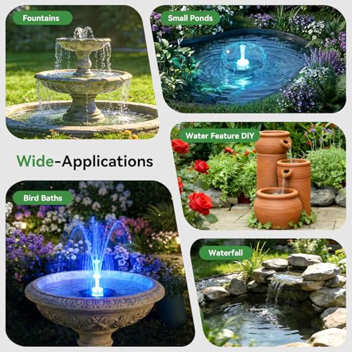 8W Solar Fountain Pump Built-in 3600mAh Battery & LED Lights, Solar Powered Water Pump with Double-Layer Nozzle & 5ft Tubing, Solar Water Fountain For Bird Bath Pond Garden DIY Water Features - size: 8W