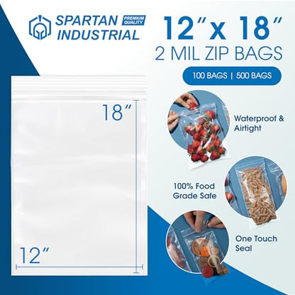 Spartan Industrial - 12” X 18” (500 Count) 2 Mil Clear Reclosable Zip Plastic Poly Bags with Resealable Lock Seal Zipper