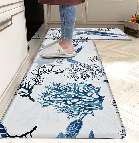 Coastal Beach Kitchen Floor Mat Rugs Nautical Decorative Coral Sea Turtle Kitchen Rugs Anti Fatigue Mats Non-Slip Comfort Standing Cushioned for Kitchen 17.3" 28" + 17.3" x 47" Set 2 Pcs Navy Blue - color: Coastal Turtle