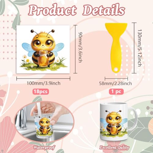 Peacoblue 18 Sheets Rub on Transfers for Crafts, Cartoon Bees and Flowers 3.6"x3.9" UV DTF Cup Wraps Waterproof Rub on Cold Transfers Stickers for Wood Glass Metal Cup Tumblers Mirrors Mugs Decor - style: Cartoon Bees and Flowers