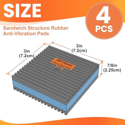 Rubber Anti-Vibration Pad, 3" x 3" x 7/8" Heavy Duty Ribbed Rubber with Blue EVA Center Isolation Pads for HVAC, Air Compressor, Treadmill, Washer and Dryer, Air Conditioner Units, Pack of 4