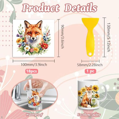 Peacoblue 18 Sheets Rub on Transfers for Crafts, Fox Wildflowers 3.6"x3.9" UV DTF Cup Wraps Waterproof Rub on Cold Transfers Stickers for Wood Glass Metal Cup Tumblers Mirrors Mugs Home Decor - style: Fox Wildflowers