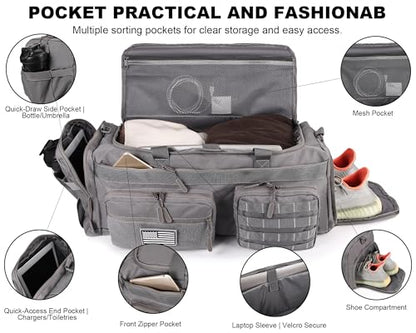 LHI 50L Tactical Duffle Bag for Men, 3-in-1 Gym Duffle and Backpack, Shoe Compartment, Laptop Sleeve and MOLLE, Carry-On Travel Weekender and Overnight Bag – Gray - color: Gray
