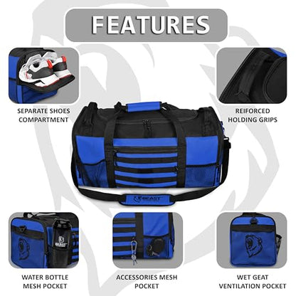 Gym Duffle Bag- Workout, Boxing, MMA, Sports Bag with Shoes Compartment and Adjustable Shoulder Strap for Men and Women (Blue/Black) - color: Blue/Black