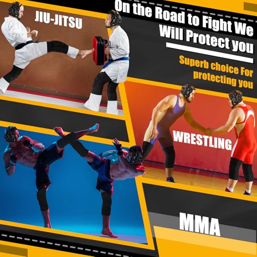 Lewtemi Wrestling Headgear Knee Pads Set Including Adjustable Thick Wrestling Ear Guard and Protective Anti-Slip Knee Pads for Sparring Brazilian Jiu Jitsu Training - size: L Size