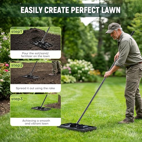 17" x 10" Lawn Leveling Rake for Yard & Garden, Lawn Leveler with Adjustable 6.5FT Handle, Carbon Steel Leveling Tool for Topdressing, Dirt, Sand & Grass Leveling - size: 17in