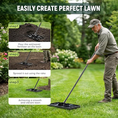 17" x 10" Lawn Leveling Rake for Yard & Garden, Lawn Leveler with Adjustable 6.5FT Handle, Carbon Steel Leveling Tool for Topdressing, Dirt, Sand & Grass Leveling - size: 17in