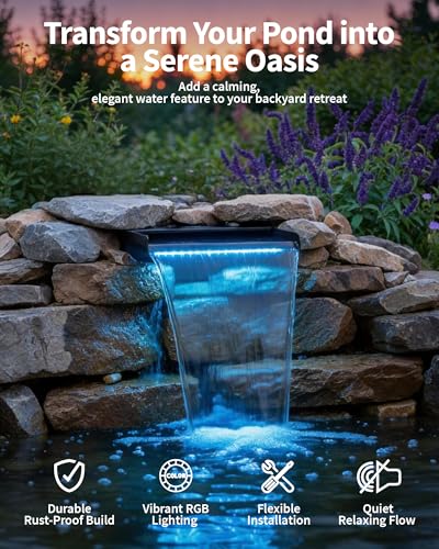 8inch Pond Waterfall Spillway with RGB LED Lights & 660GPH Pond Pump- APP/Remote Control, 304 Stainless Steel Pond Spillway with 9.8FT Tubing for Garden Ponds Landscape Water Features-P42DY - size: 8INCH with Remote Lights