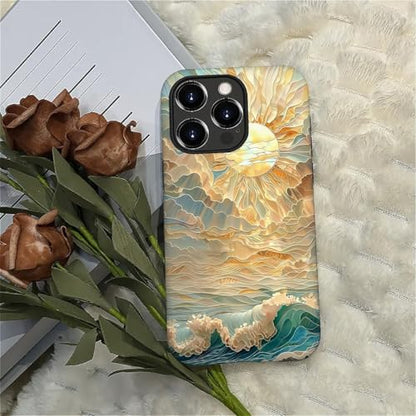 ZHEGAILIAN Case for iPhone 16 Pro Max,Ocean Waves Sun Rays Stained Glass for 2 in 1 Hard Shell + Soft Silicone,Shockproof Bumper Drop Protective Case for iPhone 16 Pro Max