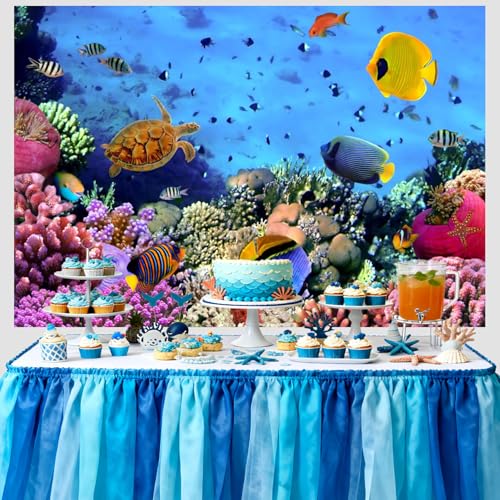 7x5ft Underwater Ocean Coral Reef Backdrop Under The Sea Tropical Fish Sea Turtle Marine Life Photography Background Seabed World Nature Scene Aquarium Decor Kids Portrait Photo Shoot Props - size: 7x5ft