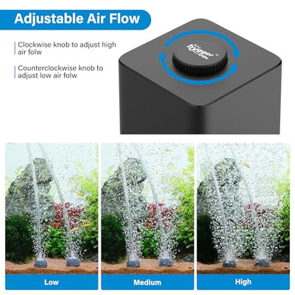 hygger Aquarium Air Pump, Quiet Adjustable Fish Tank Air Pump, 4W/7W/11W Powerful Oxygen Aerator Dual Stainless Steel Outlets with Air Stone Bubbler for Small Medium Large Fish Tank, Hydroponic - size: 4W(Tank Up to 120 Gallon)