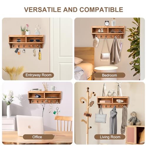 Key Holder Wall Mount with Mail Organizer, 6 Hooks & Shelf, Brown - color: Brown