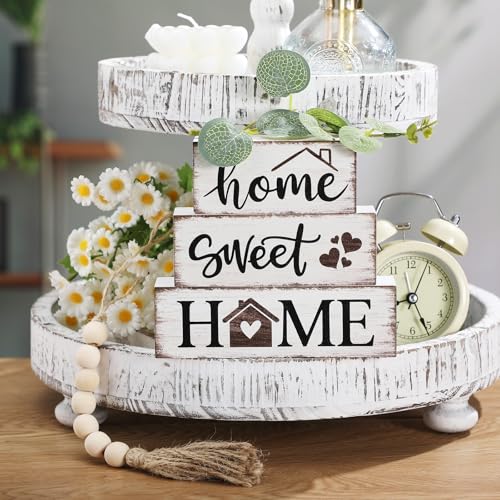 5 Pcs Farmhouse Wooden Table Decor Rustic Tiered Tray Decor Neutral Block Sign Centerpiece with Bead Garland Faux Eucalyptus Leaves for Home Sweet Kitchen Entryway Living Room Shelves