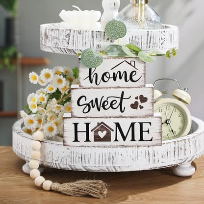 5 Pcs Farmhouse Wooden Table Decor Rustic Tiered Tray Decor Neutral Block Sign Centerpiece with Bead Garland Faux Eucalyptus Leaves for Home Sweet Kitchen Entryway Living Room Shelves