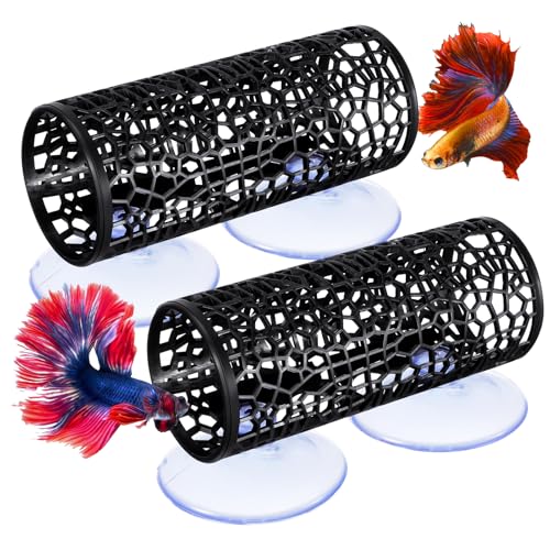 2 PCS Black Betta Fish Tank Accessories, Safe Aquarium Decoration, Betta Hollow Hammock Tunnel Cave with Suction Cups, Shrimp Hideout and Play Tube for Small Fish Shrimp Guppies