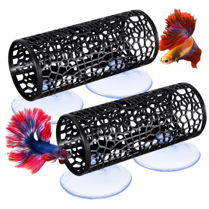 2 PCS Black Betta Fish Tank Accessories, Safe Aquarium Decoration, Betta Hollow Hammock Tunnel Cave with Suction Cups, Shrimp Hideout and Play Tube for Small Fish Shrimp Guppies