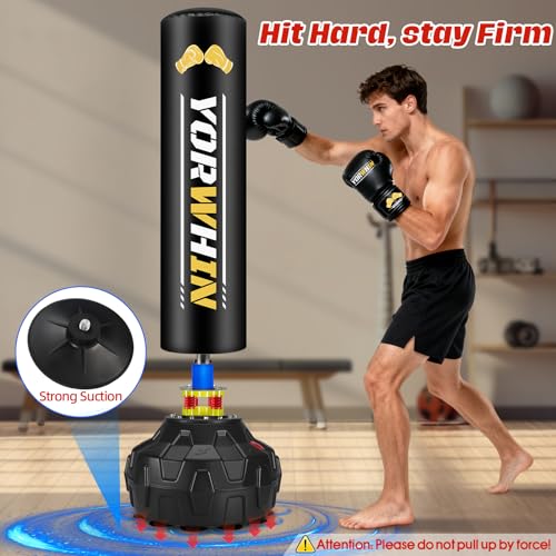Standing Heavy Boxing Bag for Adult, Freestanding Punching Bag with 12OZ Pro Boxing Gloves and Wrapped Gloves, Boxing Bag with Suction Cup Base, Men Stand Kickboxing Bag for Home Office Gym Training
