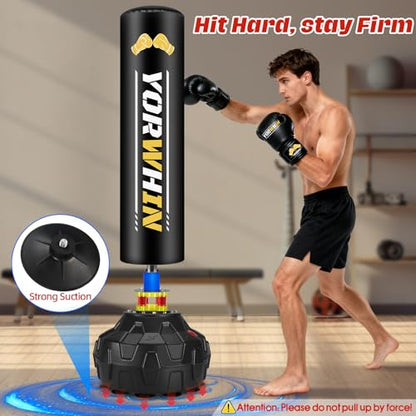 Standing Heavy Boxing Bag for Adult, Freestanding Punching Bag with 12OZ Pro Boxing Gloves and Wrapped Gloves, Boxing Bag with Suction Cup Base, Men Stand Kickboxing Bag for Home Office Gym Training