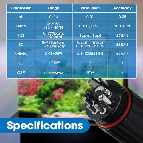 Smart Aquarium Water Quality Monitor 7-in-1 pH, Temperature, TDS, EC, Salinity, ORP & Specific Gravity Real-Time Alerts with App Control, Replaceable Probe for Freshwater, Saltwater, Reef & Ponds