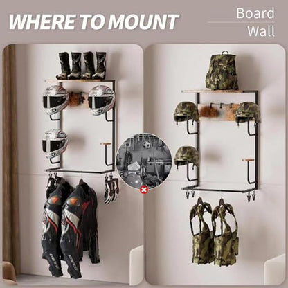 Motorcycle Helmet Holder Wall Mounted, Helmet Wall Mount with 4 Hat Stands and 4 Hooks, Motorcycle Gear Rack for Most of Helmet and Clothes, Motorcycle Accessories Gear Storage for Men