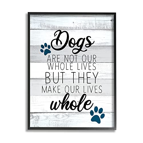 Stupell Industries Dogs Make Our Lives Whole Paw Icon Striped Backdrop, Design by Kim Allen - size: 14"L x 11"W, style: Black Framed