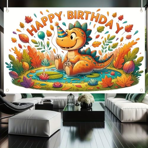 Dinosaur Birthday Party Decoration Cute Baby Dino with Party Hat 71X43INCH DoubleSided Outdoor Kids Birthday Celebration for Boys Girls Garden Yard Banner - color: Maple Leaf Dinosaur