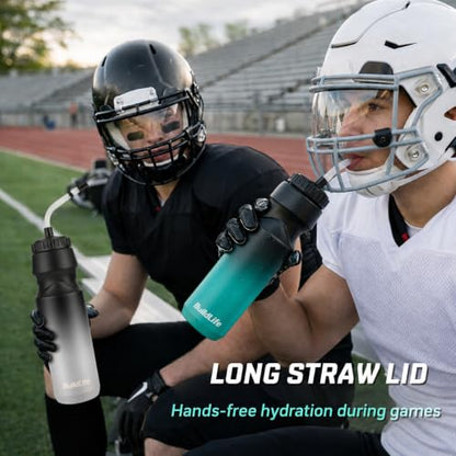 BuildLife Hockey Water Bottle, 32 OZ, 2 Pack, Black Blue+Black White - color: Black Blue+Black White