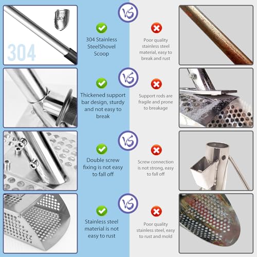 Sand Scoop for Metal Detecting - Metal Detector Sand Flea Rake for Beach with Anti Slip Handle Heavy Duty Stainless Steel Sand Sifter Shovel with Long Handle Ideal for Underwater Treasure Hunting